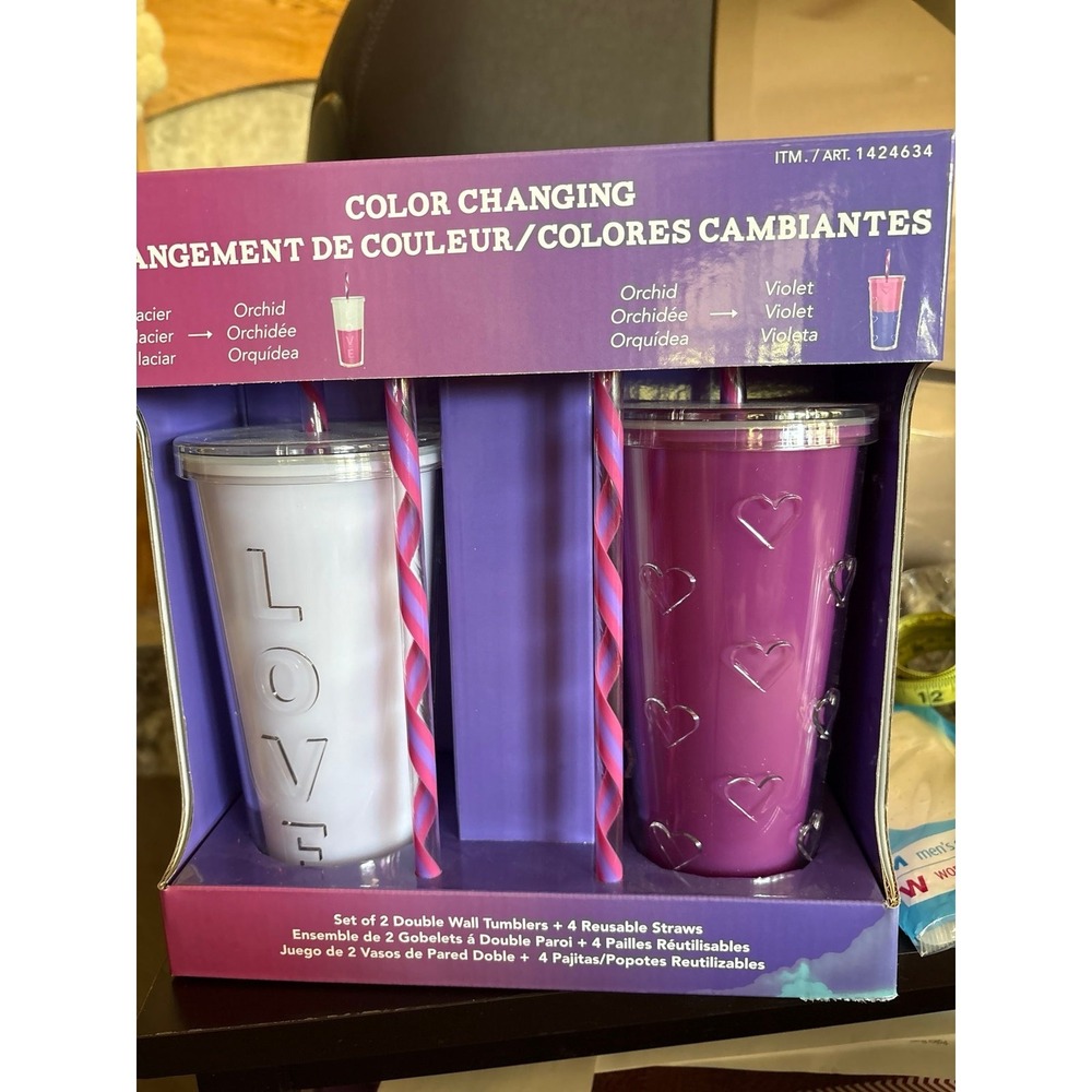 NEW two pack color changing Parker Lane double wall tumblers + 4 reusable straws